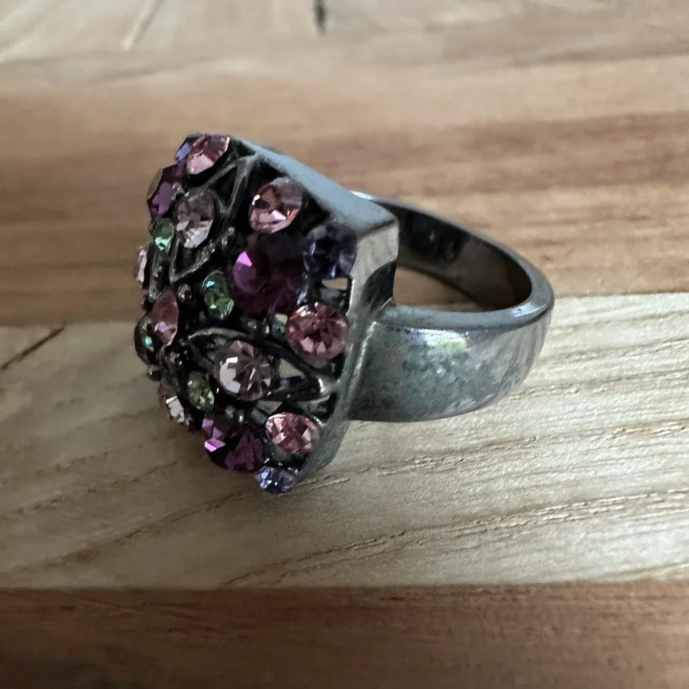 Vintage Cocktail Ring Size 8 Floral Multicolor Rhinestones Charcoal Gunmetal‎